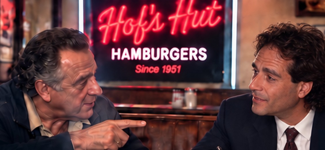 Illustration of Bruce Boisvert at a breakfast meeting at Hof's Hut on Crenshaw